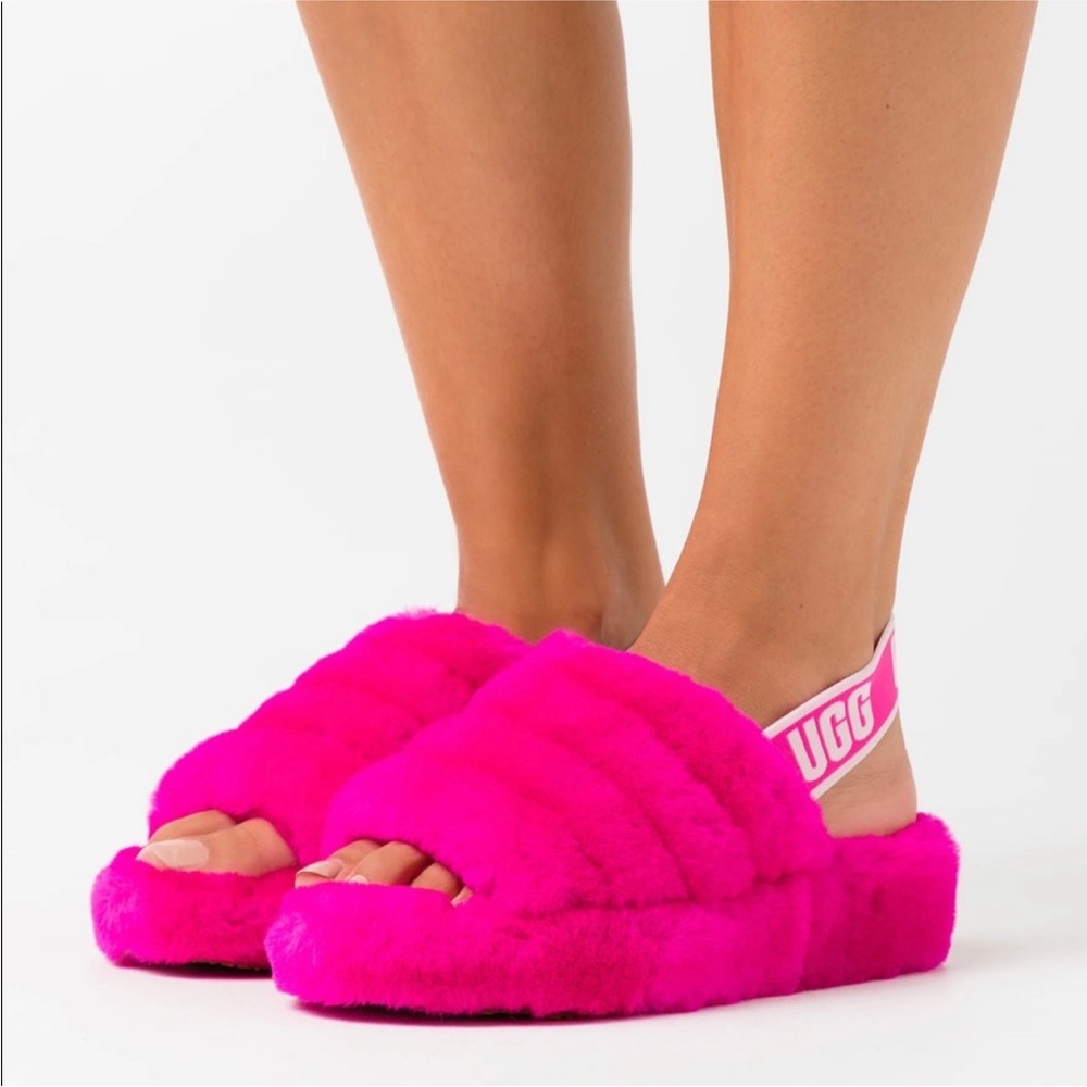 UGG Pink Plush Slippers with Crossover Design